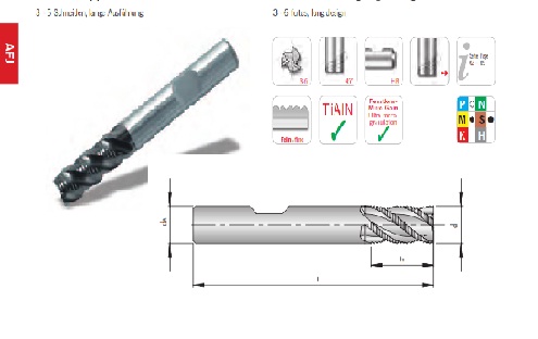 Dao phay ngón hợp kim loại EndMill  cắt thô, đướng kính D6.0 đến D25 lớp phủ TiAlN Cắt cho vật liệu thép dẻo, Inox
